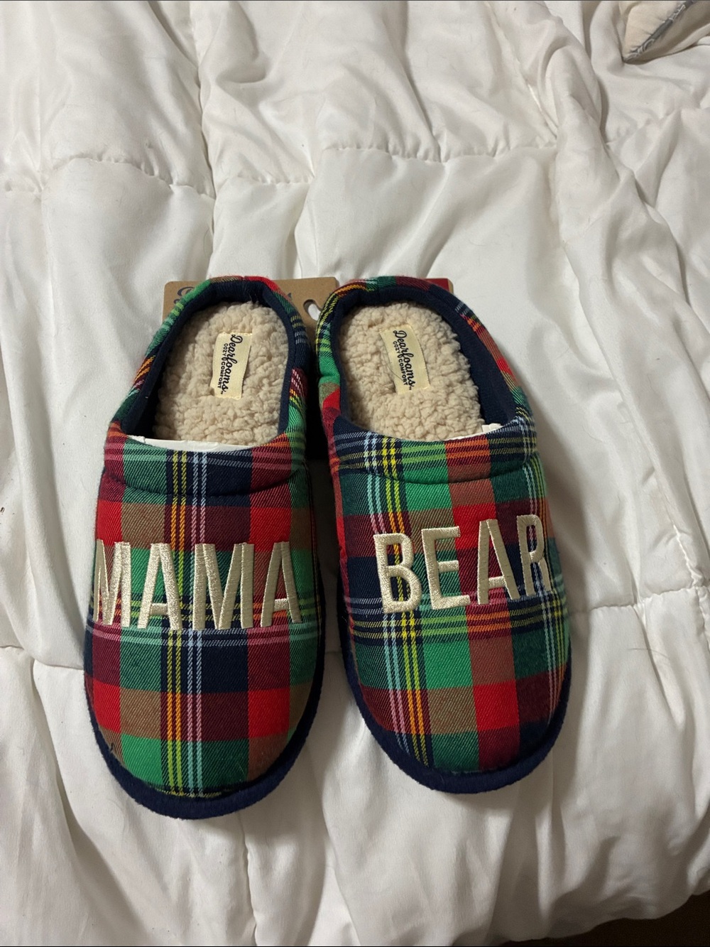 dearfoams Plaid 'Mama Bear' Slip-On Slippers - Red, Green, Navy